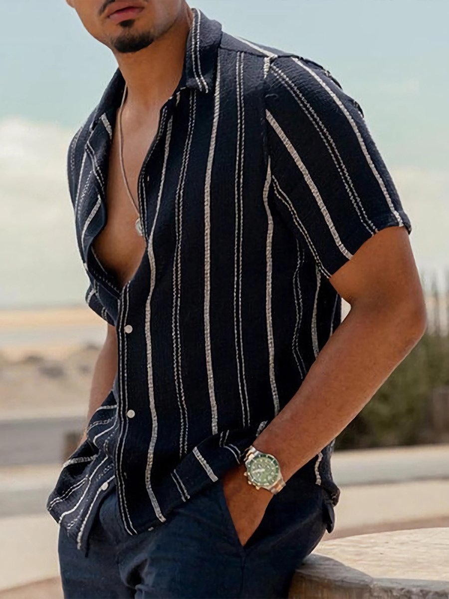 Men's Cotton-Linen White Stripes Navy Shirt