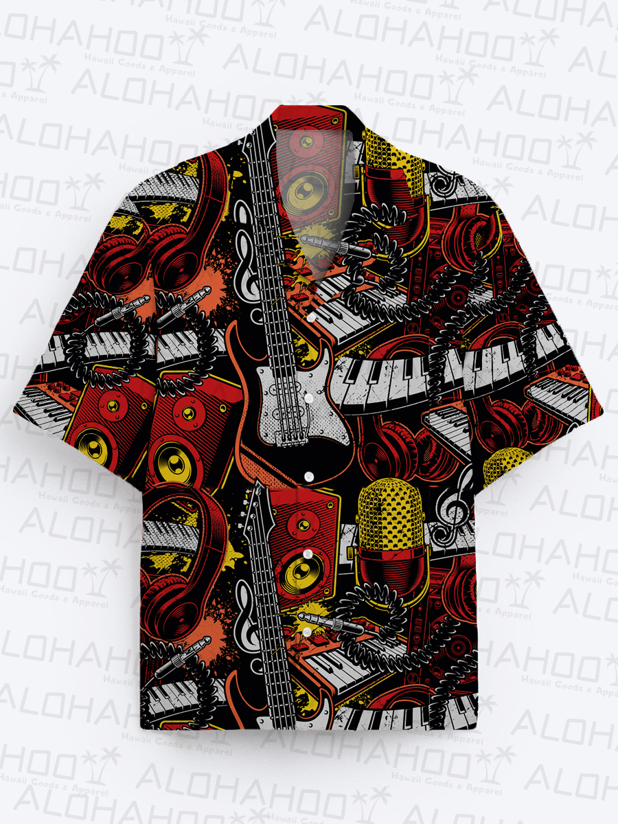 Men's Hawaiian Shirts Rock Roll Instrument Print Short Sleeve Shirt