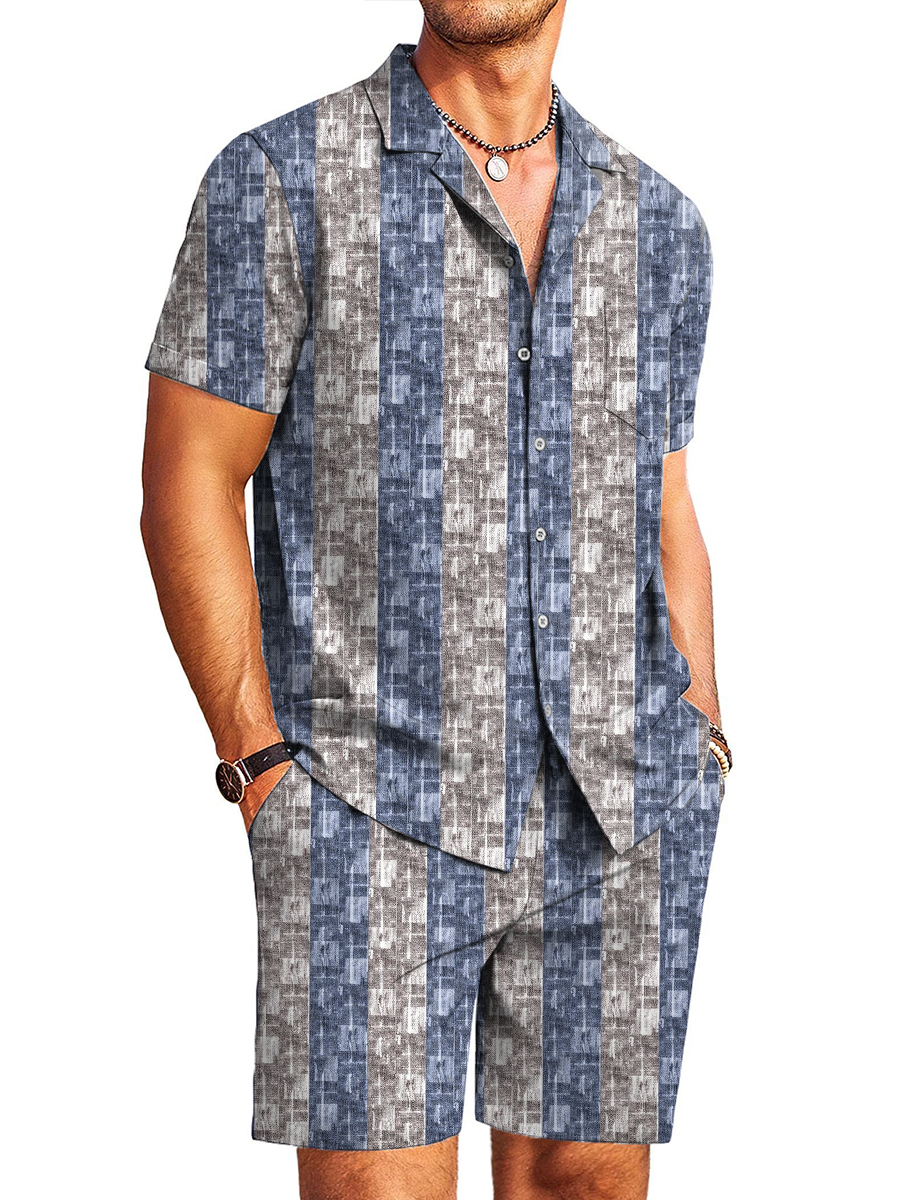 Men's Sets Vintage Stripes Pattern Button Down Two-Piece Shirt Shorts Set