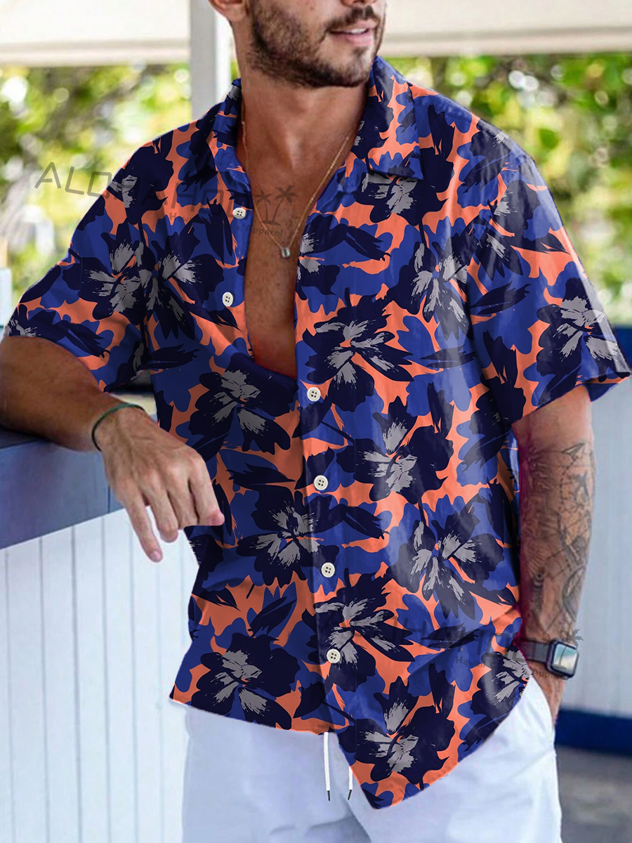 Men's Hawaiian Shirts Purple Floral Pattern Loose Short-Sleeved Shirt