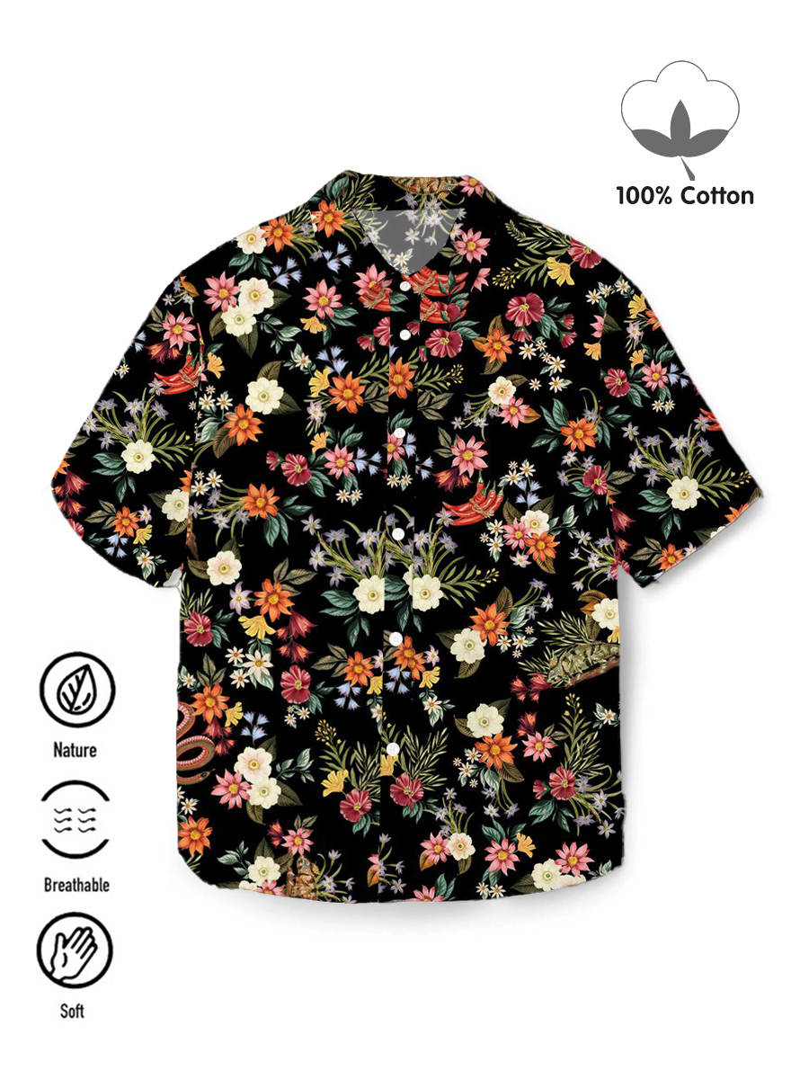 Men's 100%Cotton Shirt Art Tropical Floral Short Sleeve Shirt