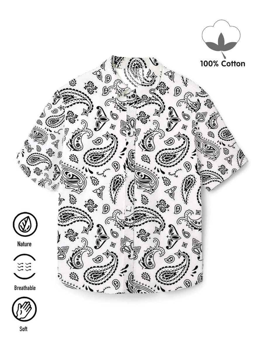Men's 100%Cotton Shirt Art Paisley Pattern Short Sleeve Shirt
