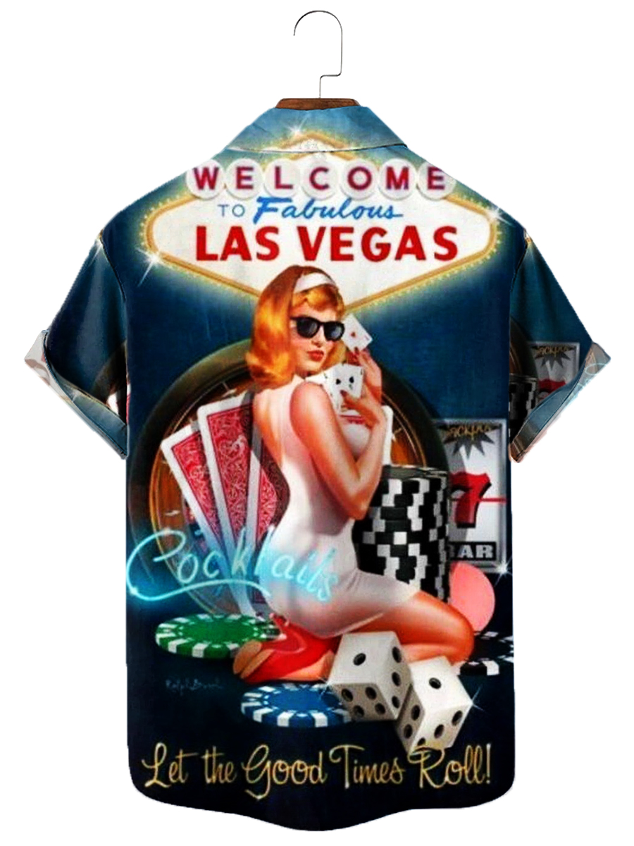 Men's Hawaiian Style Welcome To Las Vegas Print Casual Short Sleeve Shirt