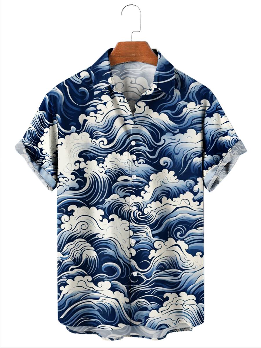 Men's Hawaiian Shirt Wave Print Short Sleeve Shirt