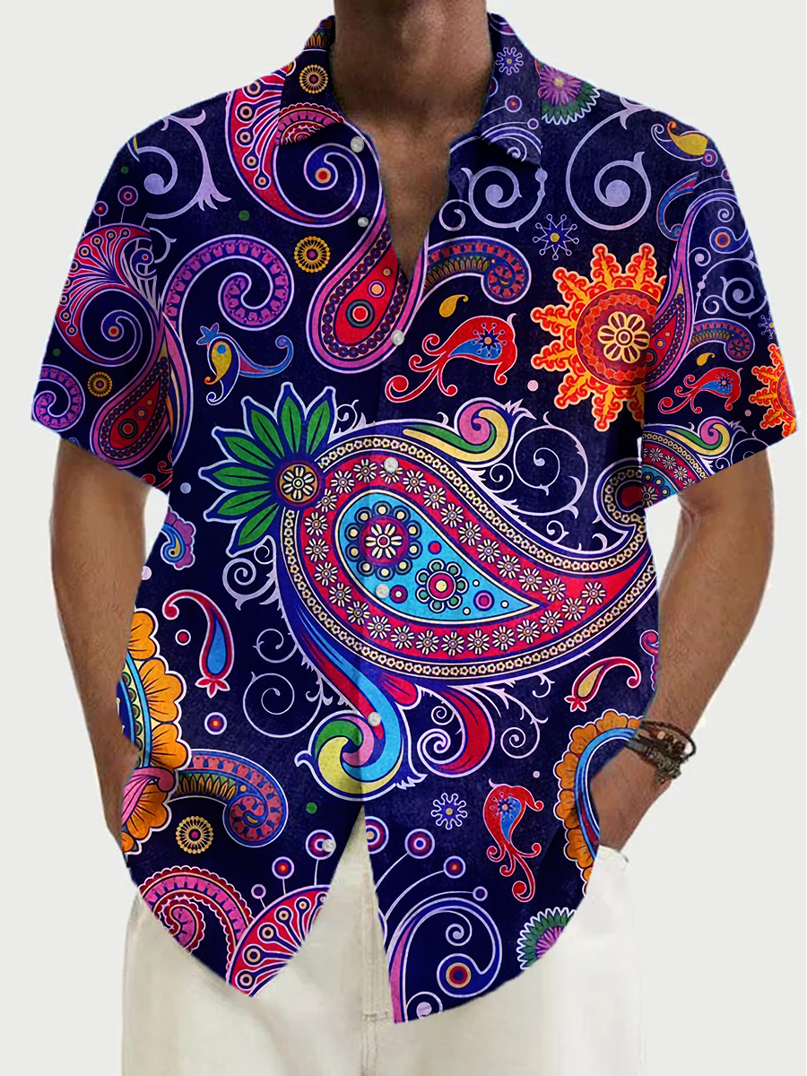 Retro Paisley Art Print Short Sleeve Hawaiian Shirt
