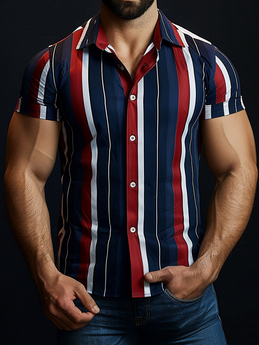 Men's Casual Blue-Red Stripes Easy Care Short Sleeve Shirt