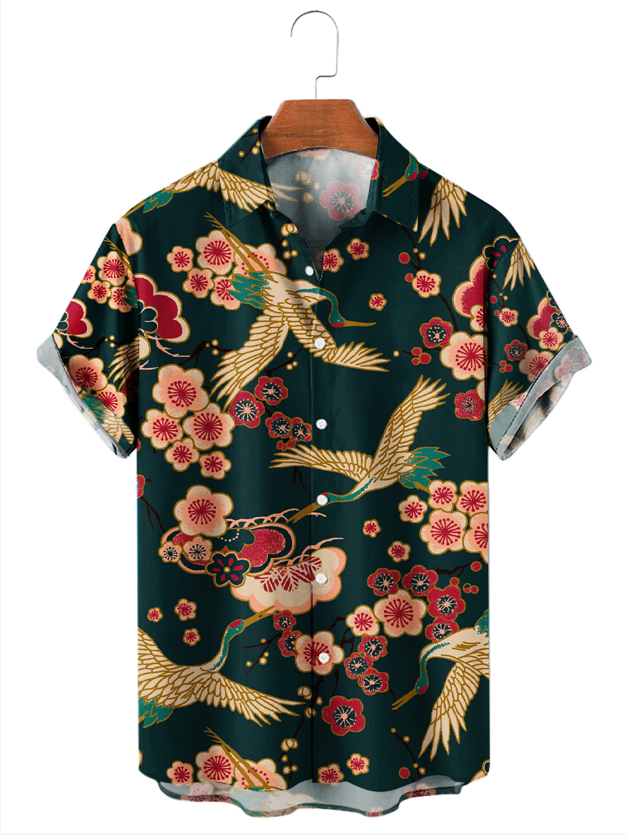 Men's Hawaiian Shirts Japanese Style Crane Print Aloha Shirts