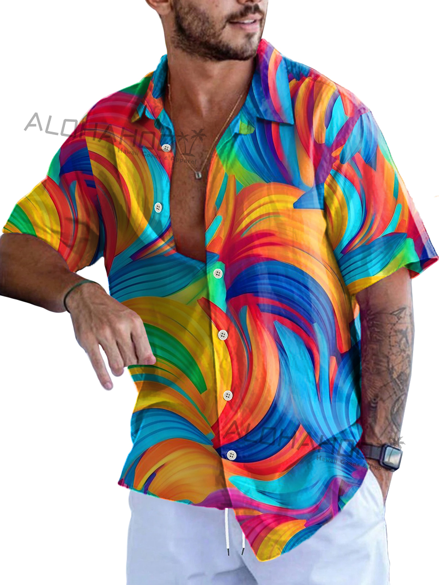 Men's Hawaiian Shirts Pride Rainbow Pattern Loose Short-Sleeved Shirt