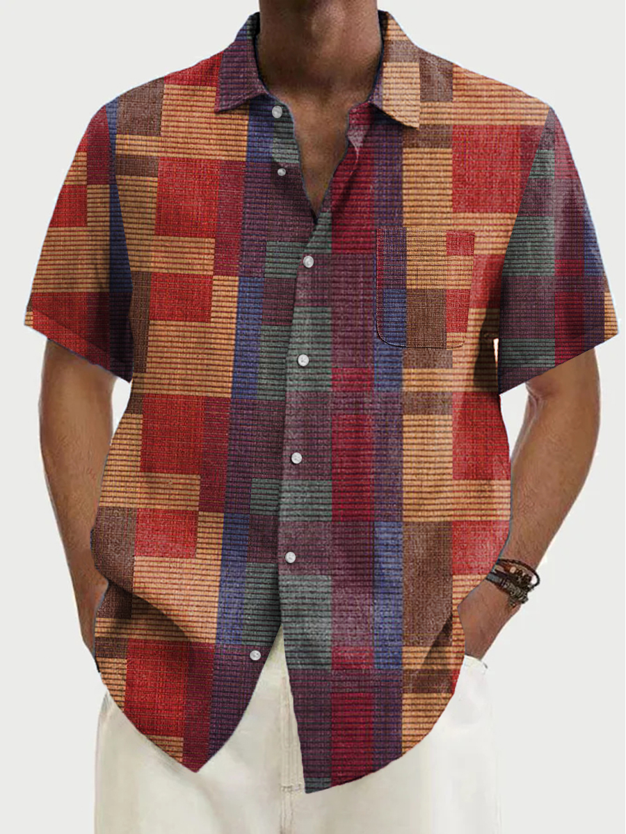 Men's Hawaiian Shirts Vintage Colorblock Printed Short-Sleeved Shirt