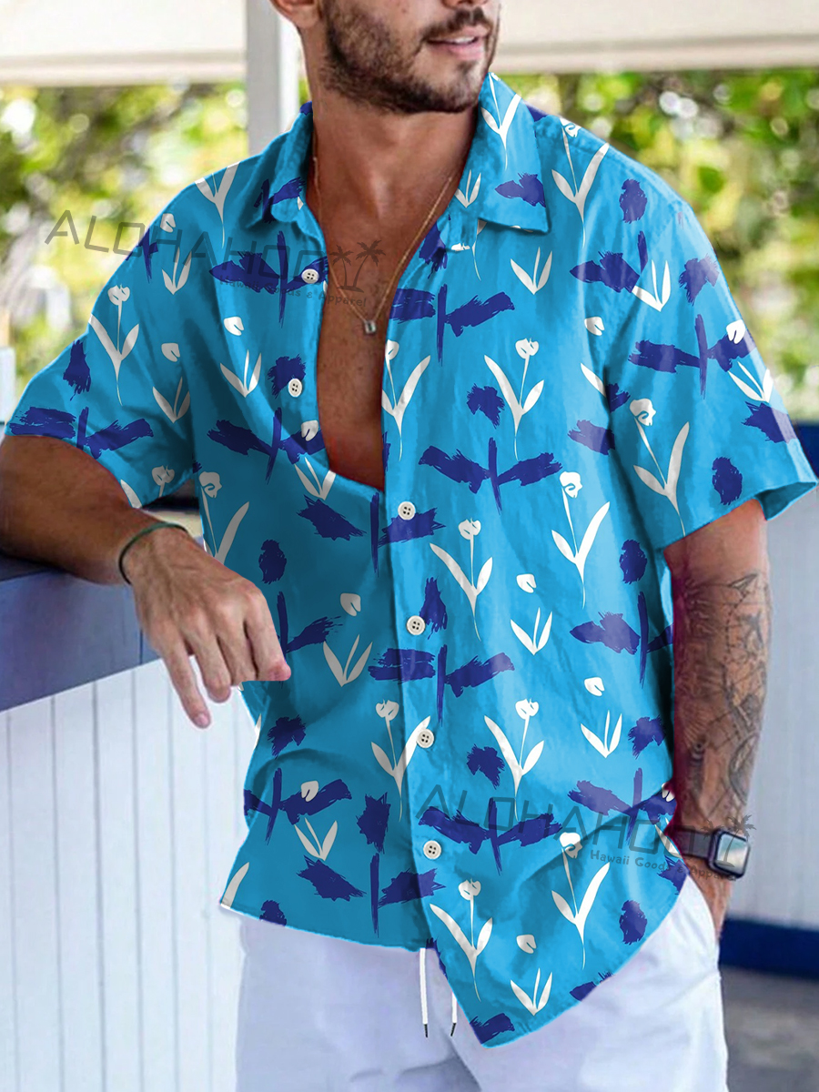 Men's Hawaiian Shirts Art Flowers Pattern Loose Short-Sleeved Shirt