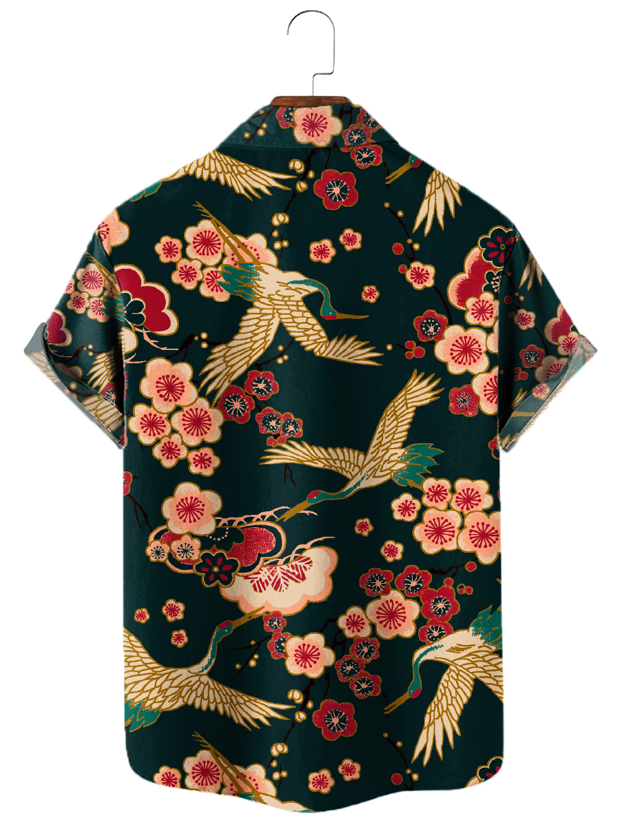 Men's Hawaiian Shirts Japanese Style Crane Print Aloha Shirts