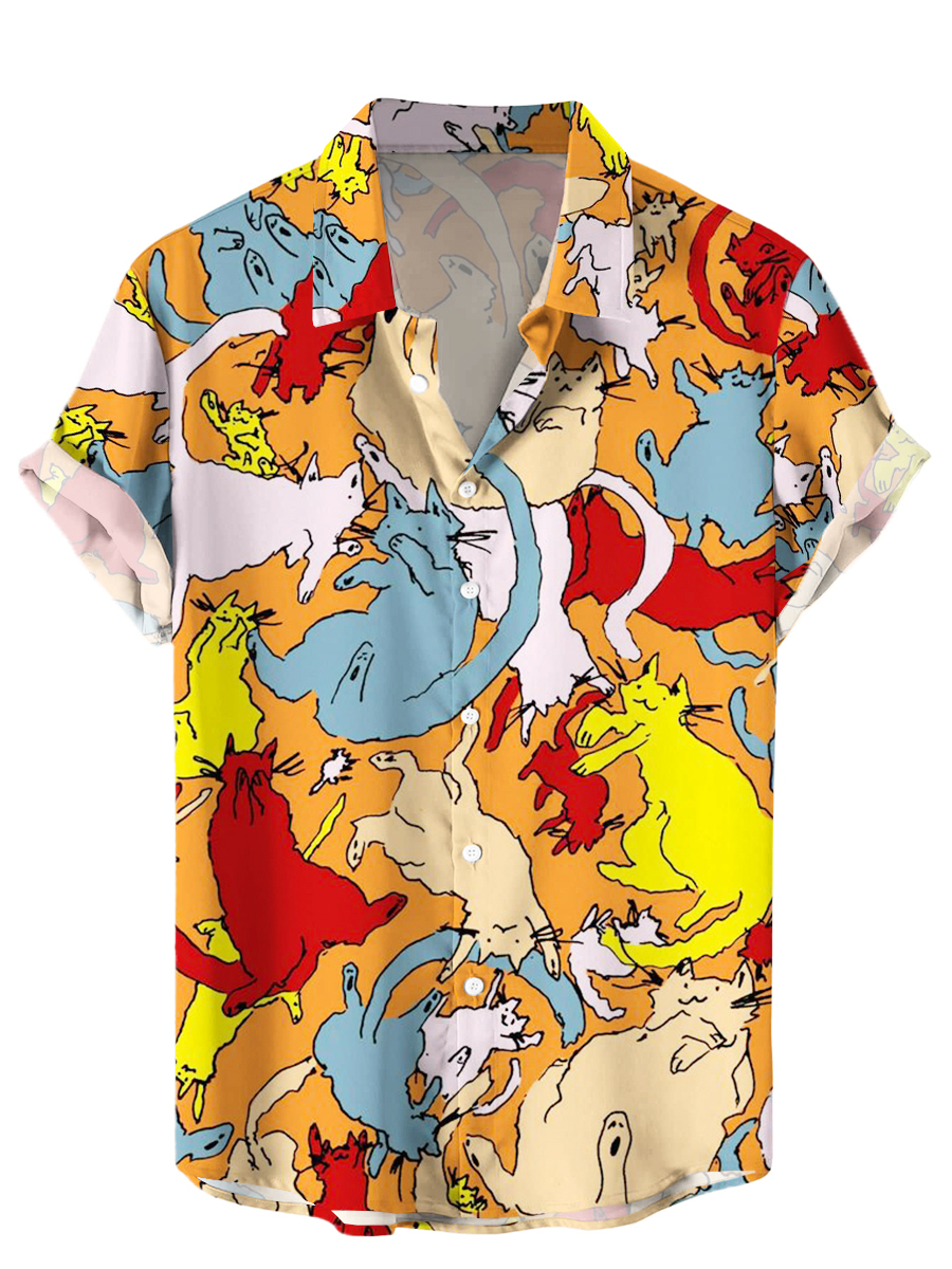 Men's Hawaiian Shirt Multicolor Cats Print Beach Easy Care Short Sleeve Shirt