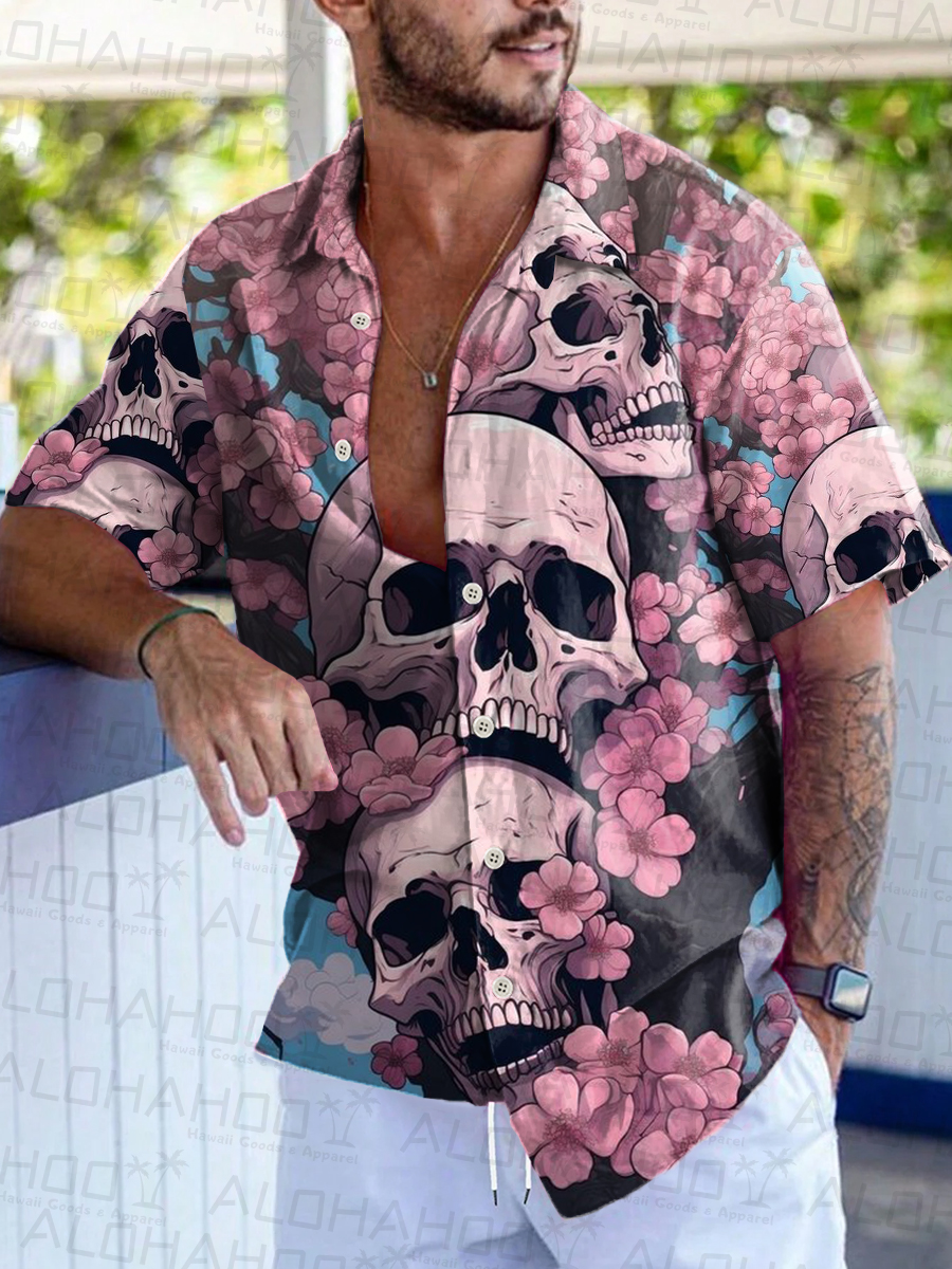 Sakura Skull Short-Sleeved Hawaiian Shirt