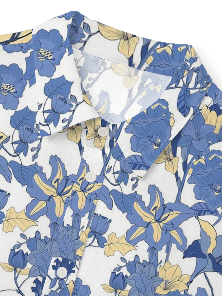 Men's 100%Cotton Shirt Morning Glory Printed Short Sleeve Shirt