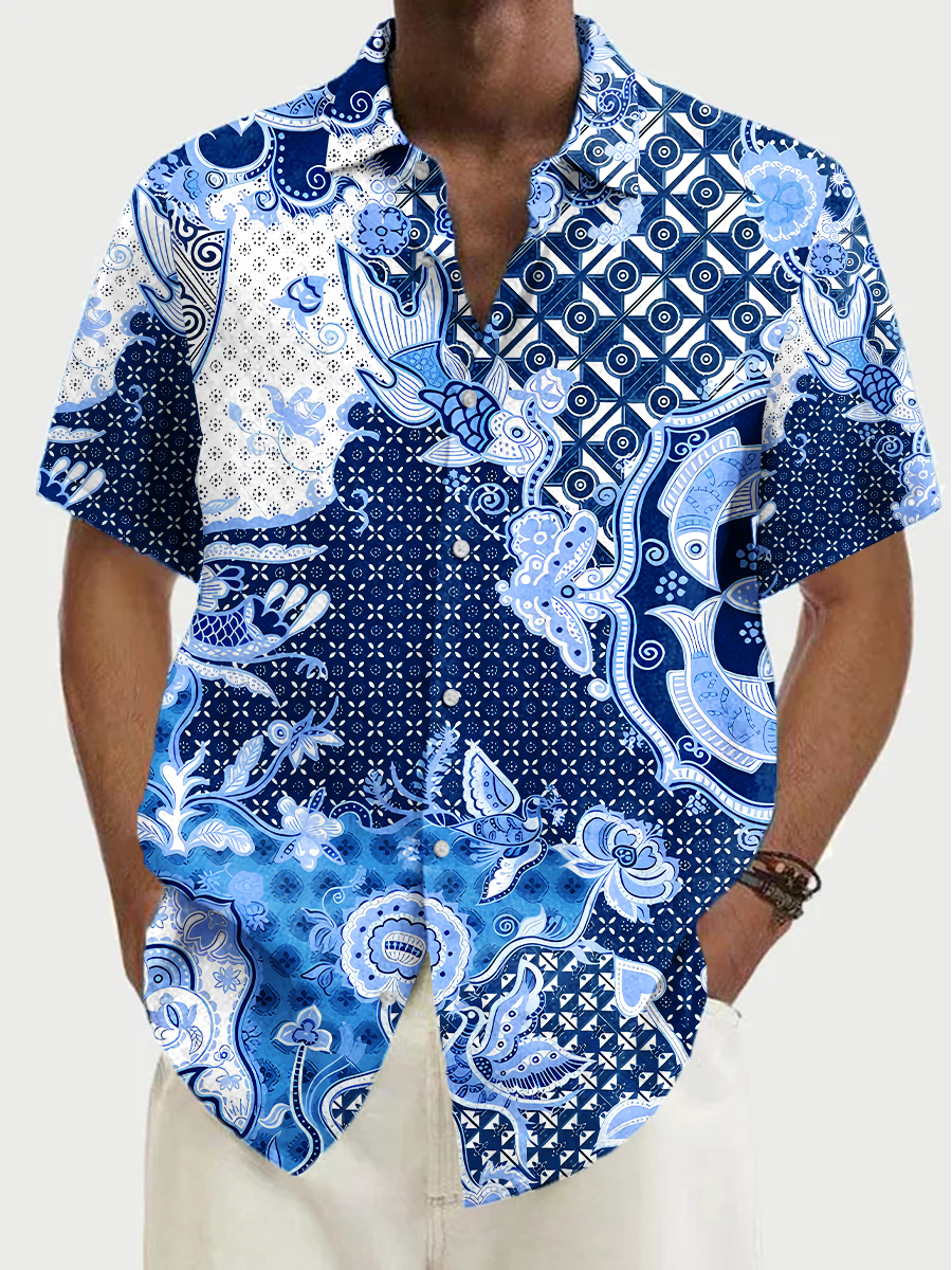 Men's Shirt Blue Paisley Patchwork Print Vacation Oversized Short Sleeve Shirt