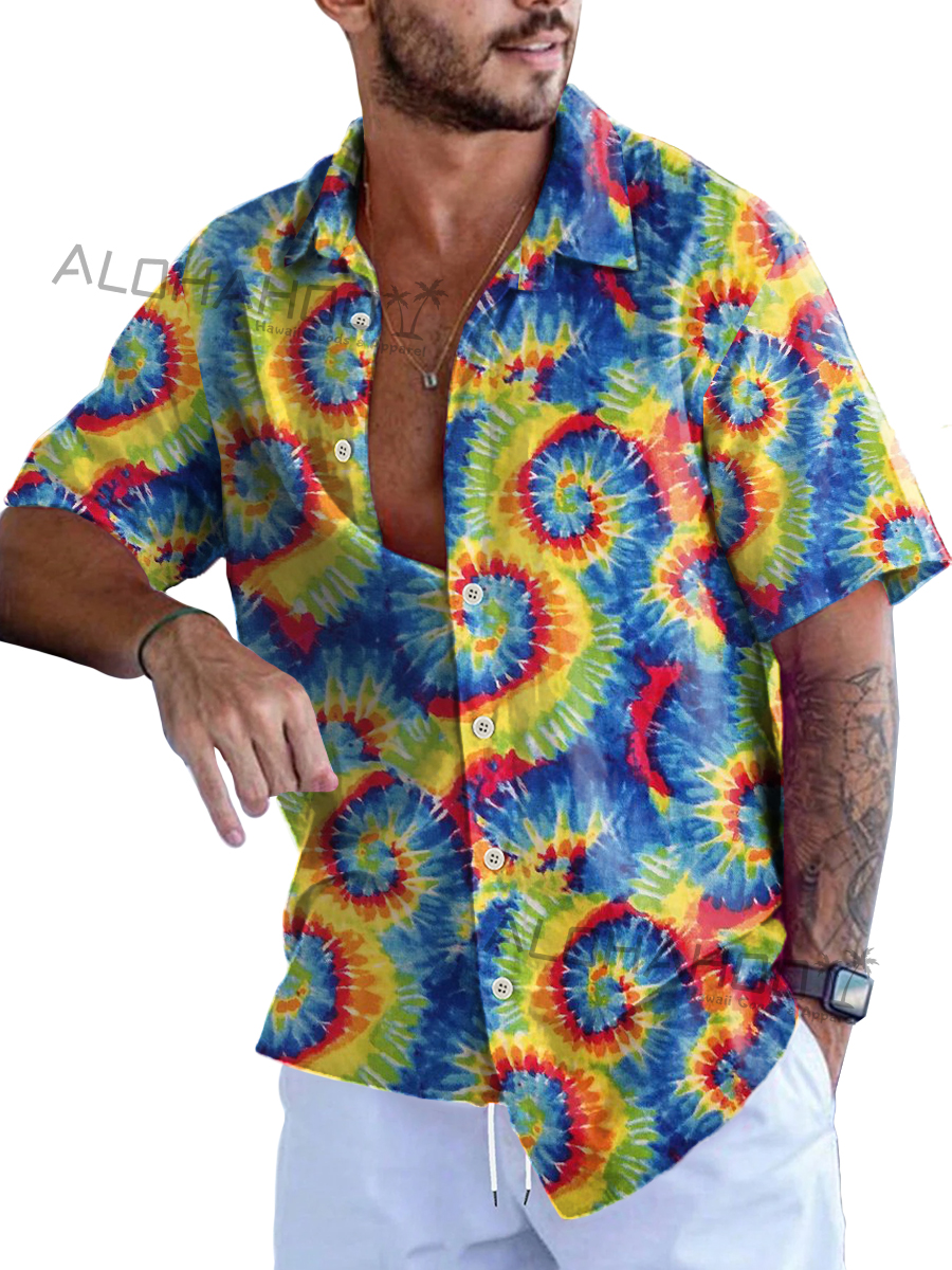 Men's Hawaiian Shirts Rainbow Tie-dye Pattern Loose Short-Sleeved Shirt