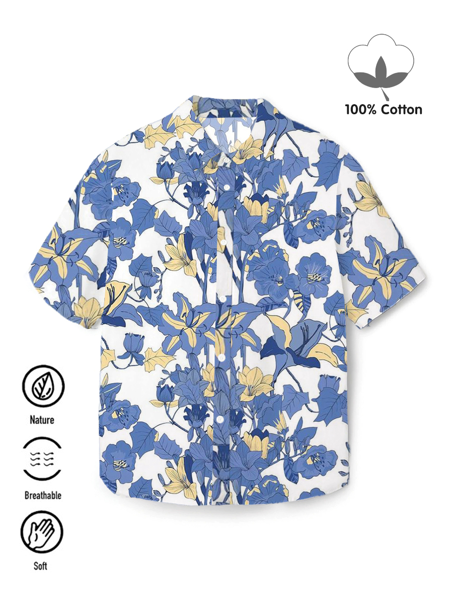 Men's 100%Cotton Shirt Morning Glory Printed Short Sleeve Shirt
