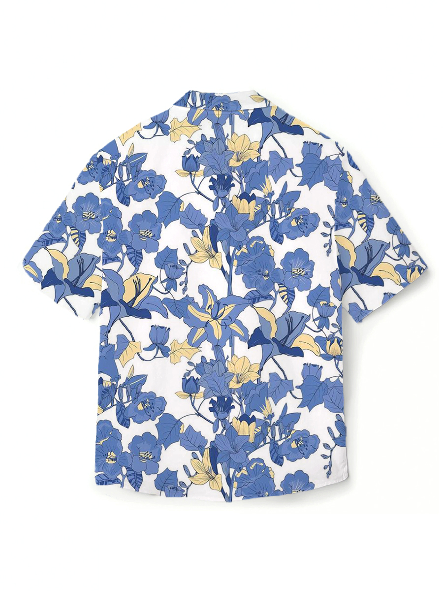 Men's 100%Cotton Shirt Morning Glory Printed Short Sleeve Shirt
