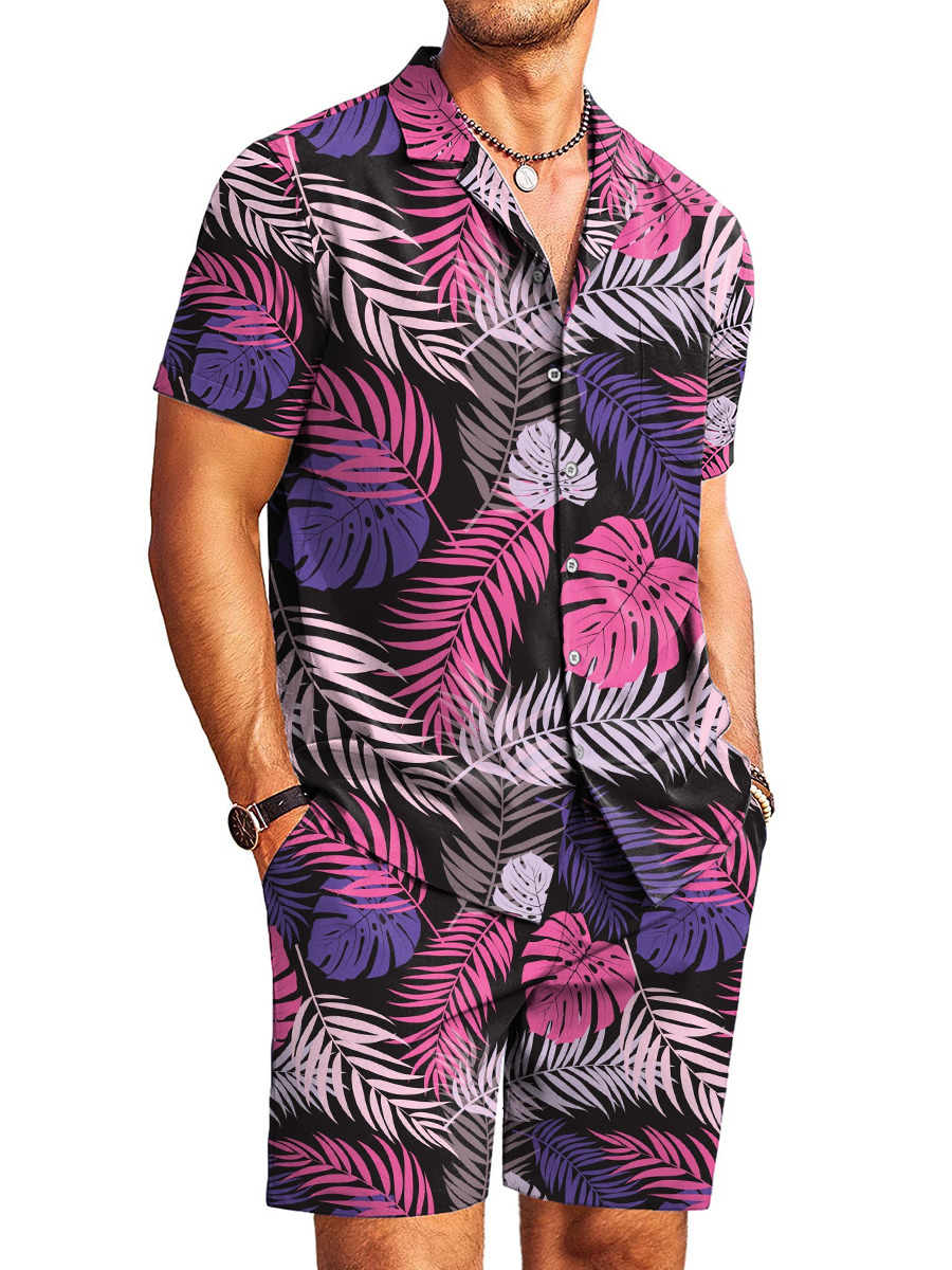 Men's Sets Hawaiian Stylish Tropical Leaves Print Button Pocket Two-Piece Shirt Shorts Set