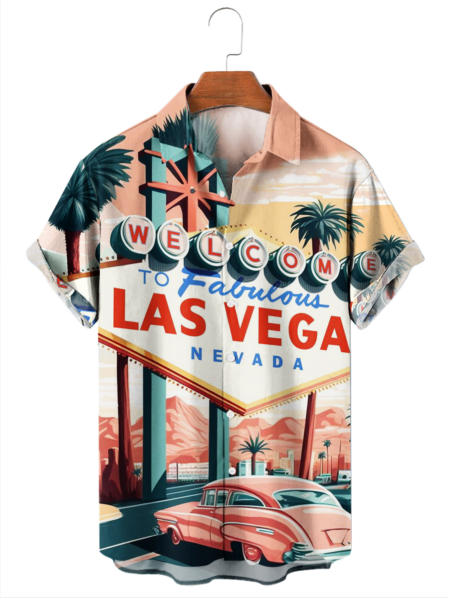 Men's Hawaiian Style Welcome To Las Vegas Print Casual Short Sleeve Shirt