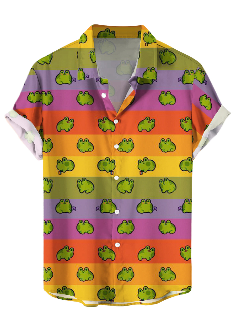 Men's Hawaiian Shirt Rainbow Stripes And Frogs Print Beach Easy Care Short Sleeve Shirt