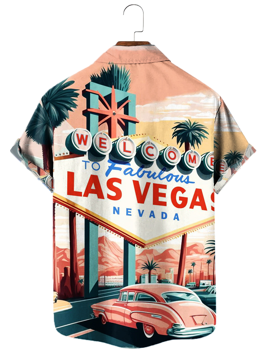 Men's Hawaiian Style Welcome To Las Vegas Print Casual Short Sleeve Shirt