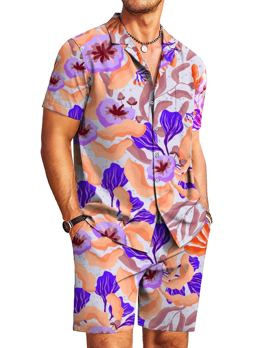 Men's Sets Hawaiian Stylish Art Tropical Floral Print Button Pocket Two-Piece Shirt Shorts Set