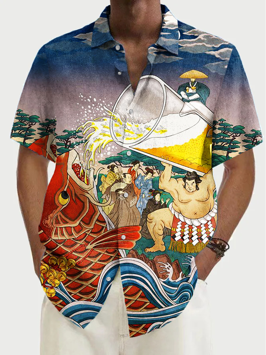Men's Hawaiian Shirt Koi Drinking Beer Art Plus Size Shirts