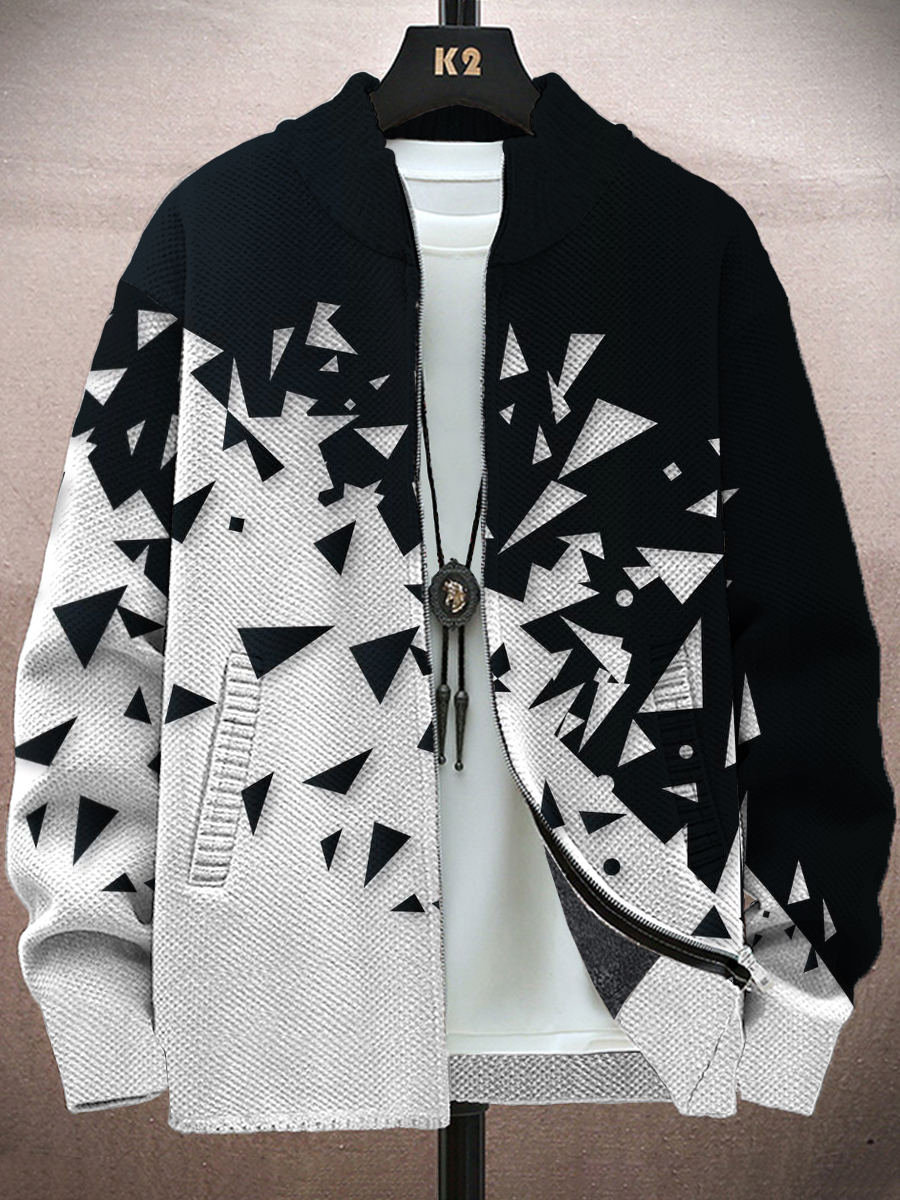 Men's Jacket White-Black Patchwork Print Long-Sleeved Zip Cardigan Jacket