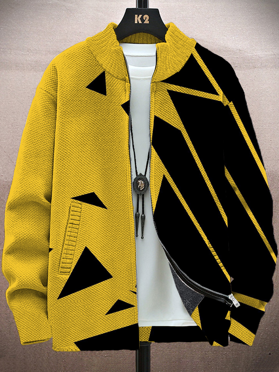 Men's Jacket Yellow Geometry Print Long-Sleeved Zip Cardigan Jacket