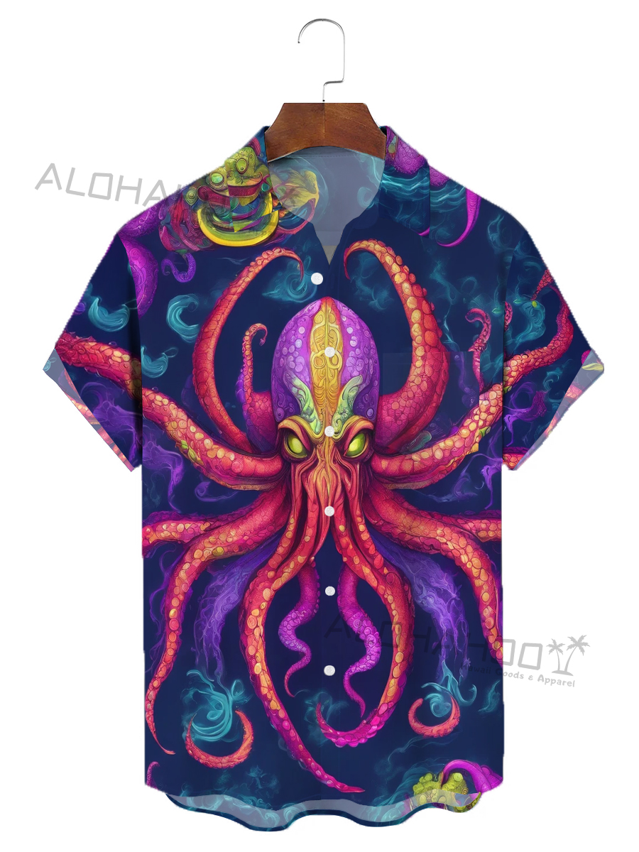 Moisture-Wicking Octopus Chest Pocket Hawaiian Shirt