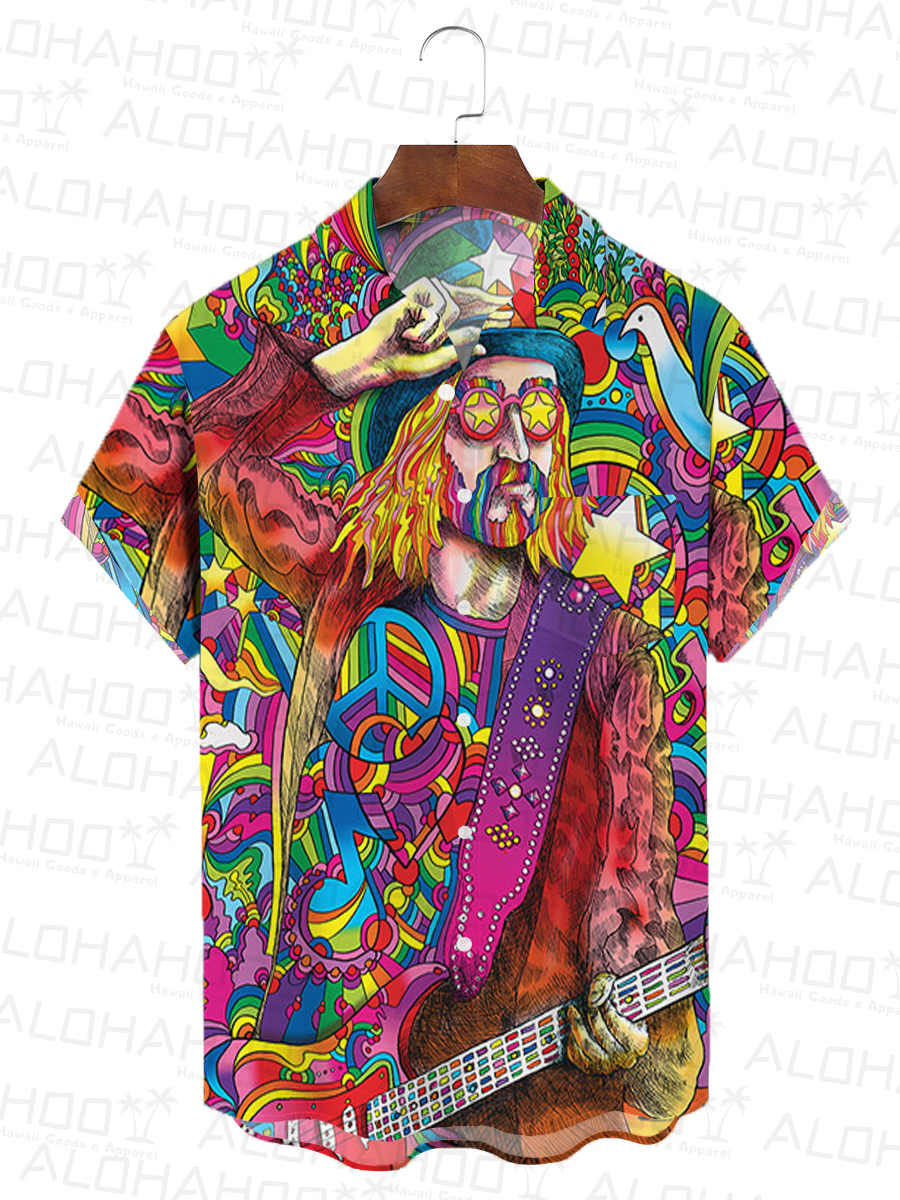 Hippie Musician 60's Style Chest Pocket Hawaiian Shirt