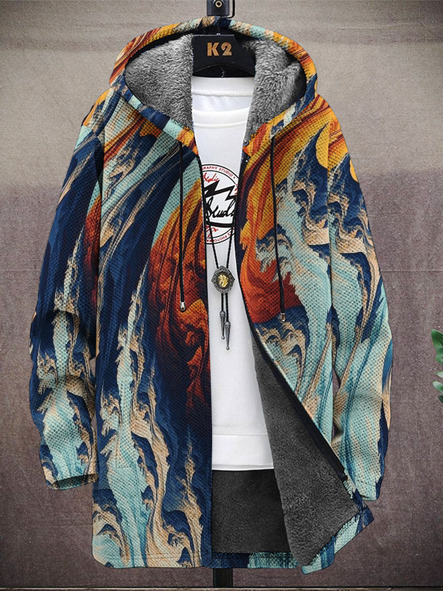 Men's Marble Texture Print Hooded Two-Pocket Fleece Cardigan Jacket