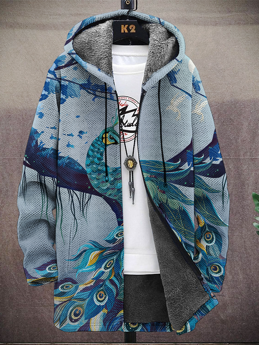 Men's Peacock Print Hooded Two-Pocket Fleece Jacket