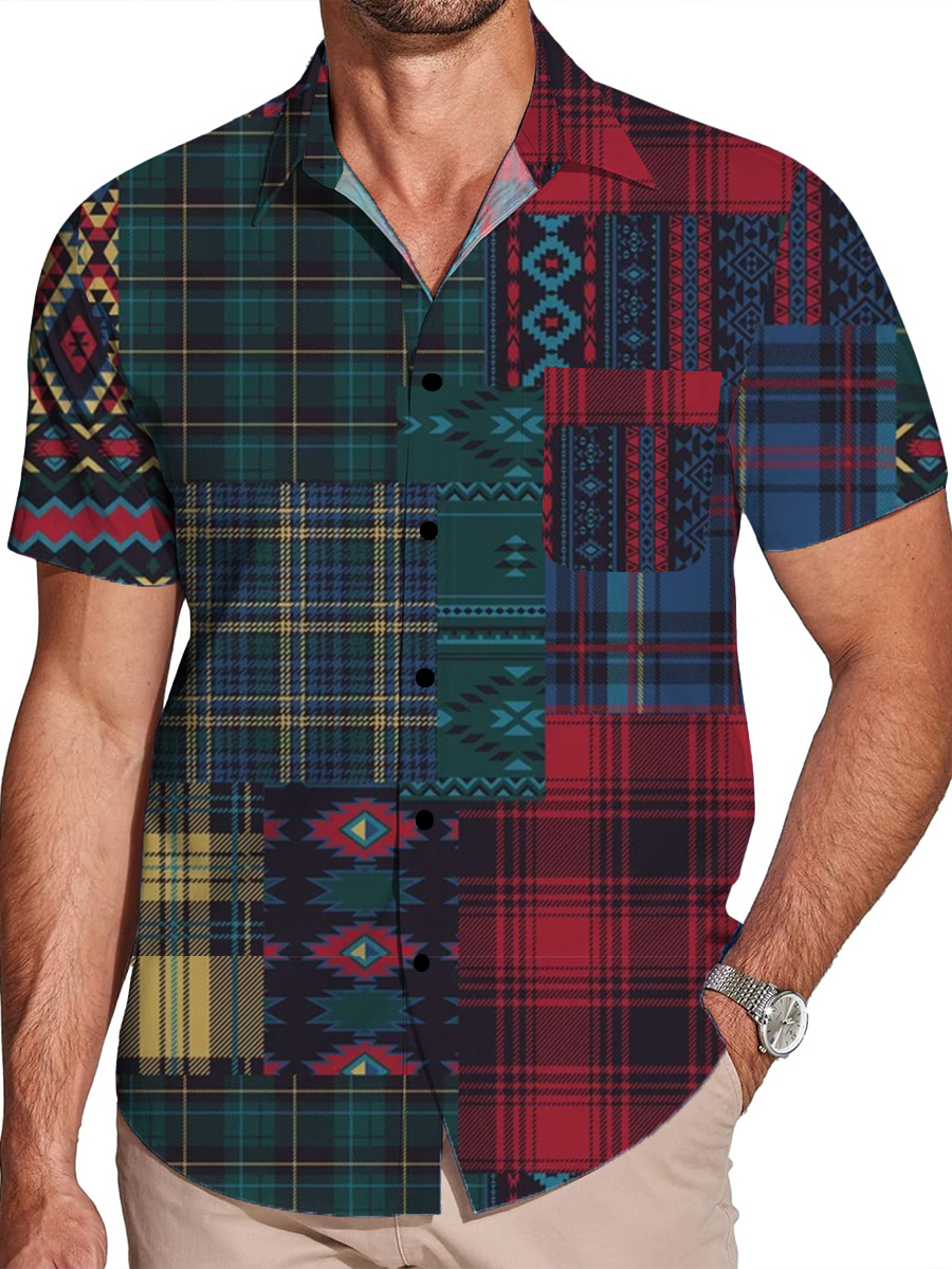 Plaid Patchwork Chest Pocket Short Sleeve Casual Shirt