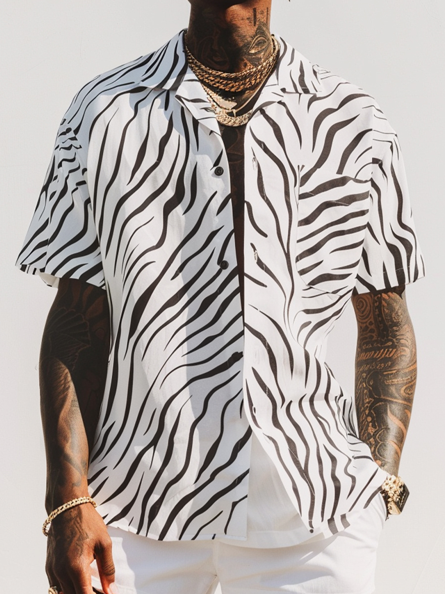 Men's Shirts Casual Zebra Pattern Printed Short Sleeve Shirt