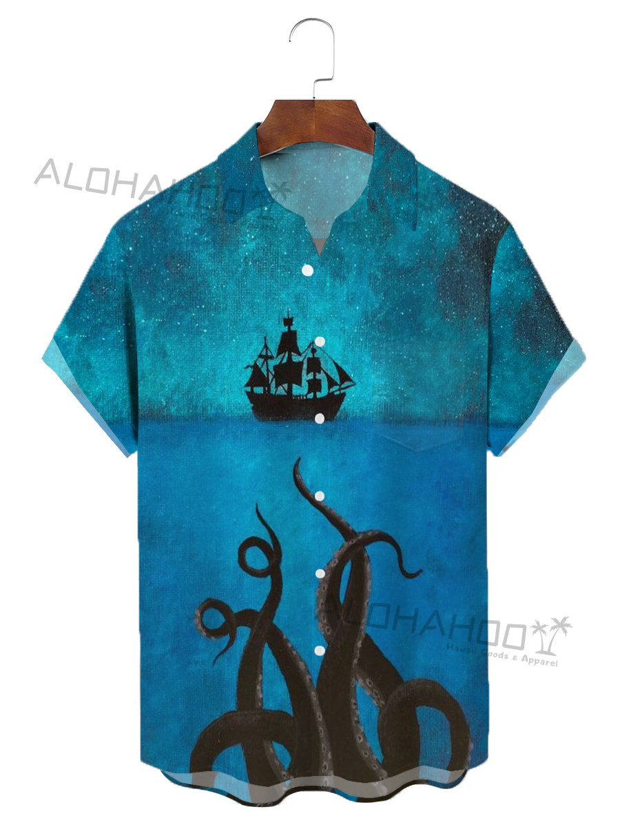 Moisture-Wicking Octopus Chest Pocket Hawaiian Shirt