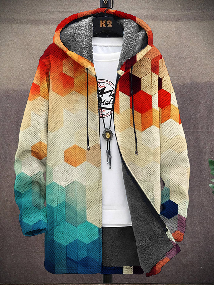 Men's Art Gradient Hexagon Print Hooded Two-Pocket Fleece Cardigan Jacket