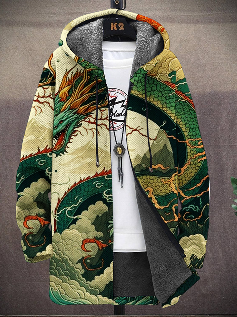 Men's Art Japanese Style Green Dragon Print Hooded Two-Pocket Fleece Cardigan Jacket