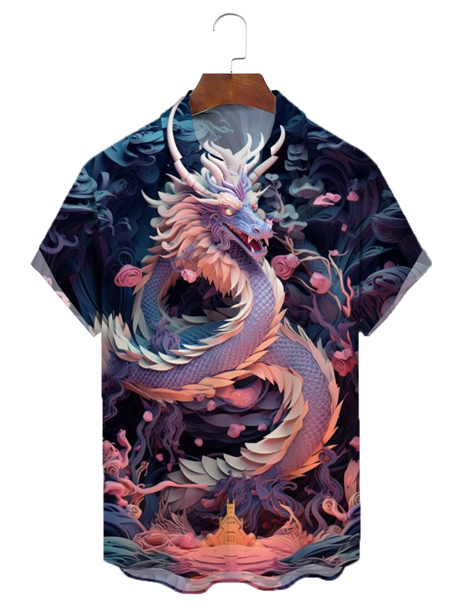 Dragon Chest Pocket Short Sleeves Casual Shirt