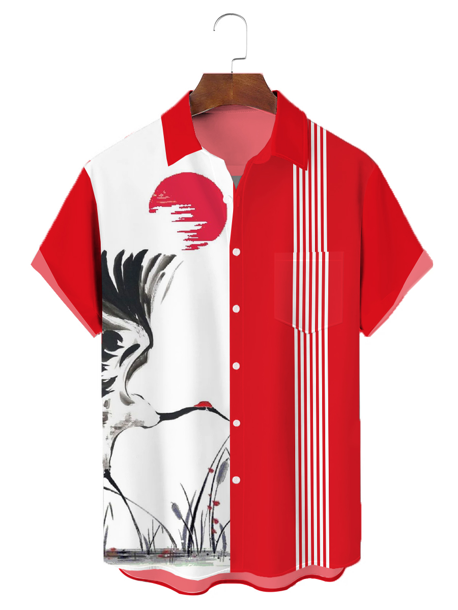 Men's Hawaiian Shirts Art Crane Chest Pocket Short Sleeve Bowling Shirt