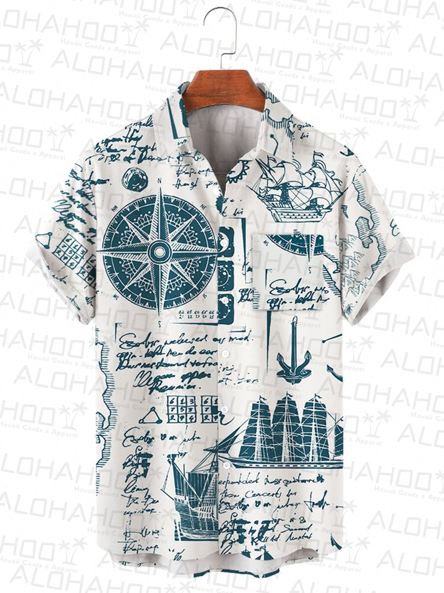 Men's Hawaiian Shirts Vintage Navigation Art Print Short Sleeve Shirt