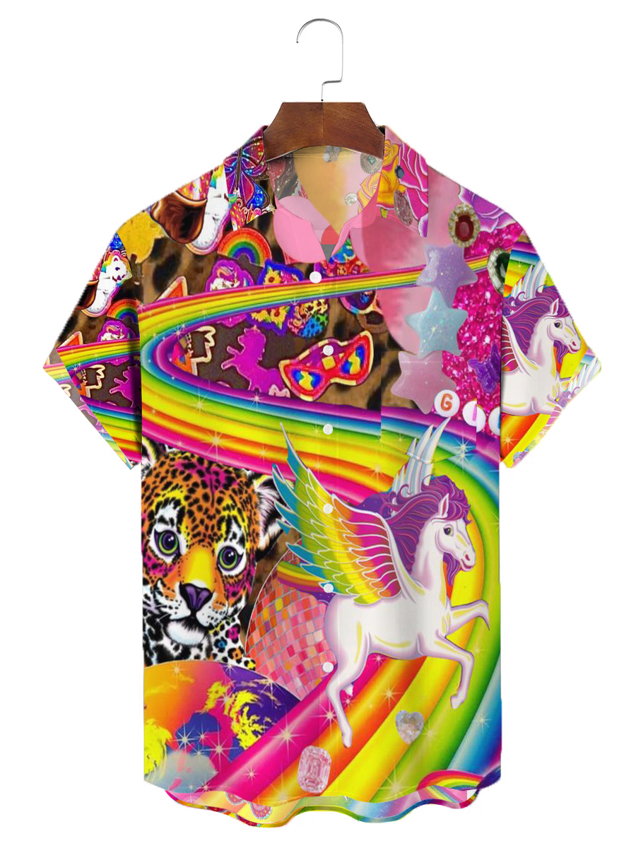 Men's Hawaiian Shirts Pride Month Fun Rainbow Unicorn Aloha Chest Pocket Shirts
