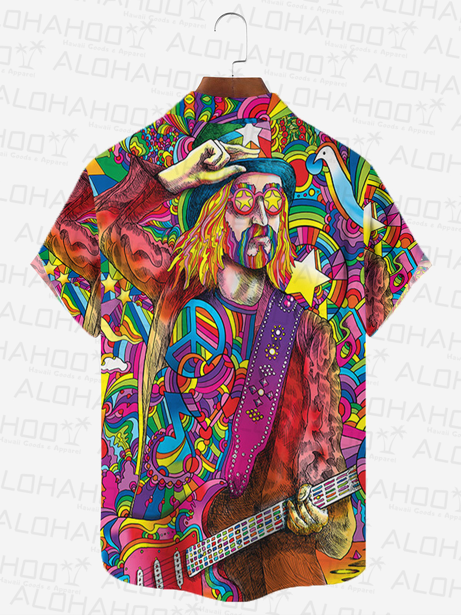 Hippie Musician 60's Style Chest Pocket Hawaiian Shirt