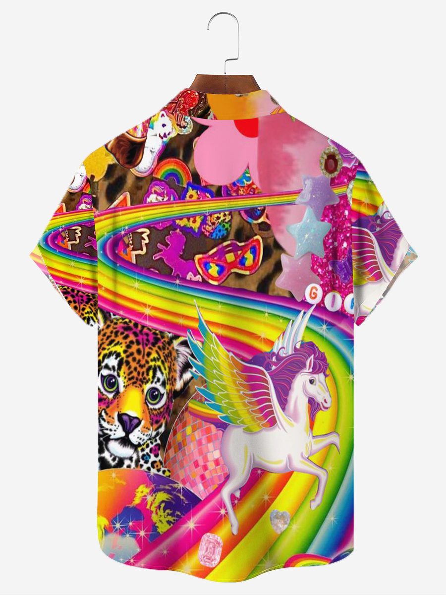Men's Hawaiian Shirts Pride Month Fun Rainbow Unicorn Aloha Chest Pocket Shirts