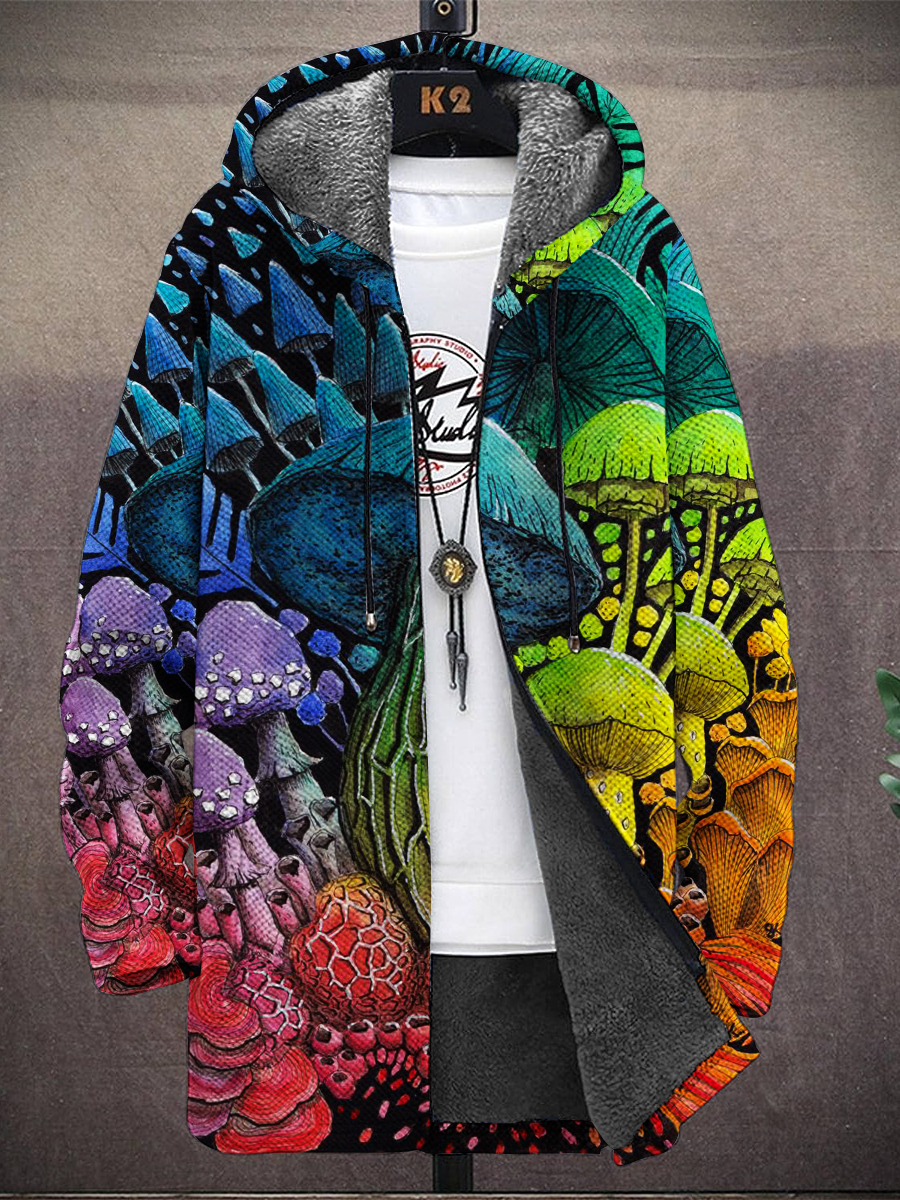 Men's Rainbow Mushroom Print Hooded Two-Pocket Fleece Cardigan Jacket