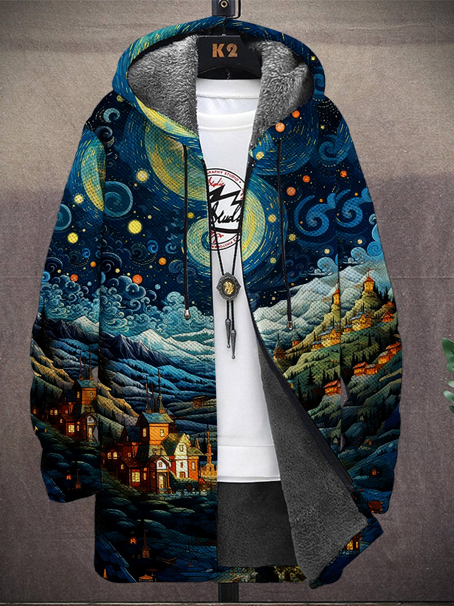 Men's Night Sky Print Hooded Two-Pocket Fleece Cardigan Jacket