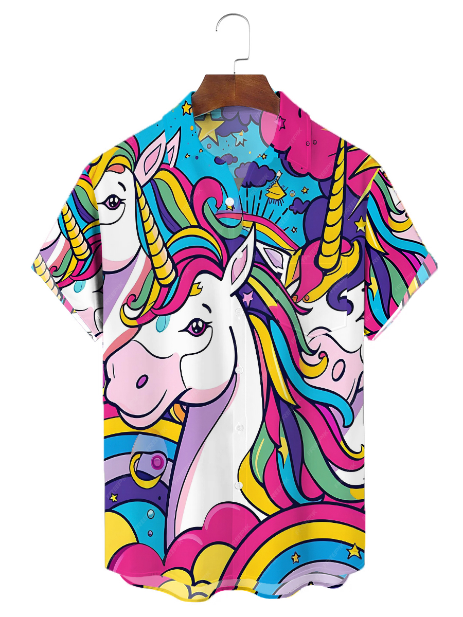 Men's Hawaiian Shirts Fun Pride Rainbow Unicorn Chest Pocket Shirts