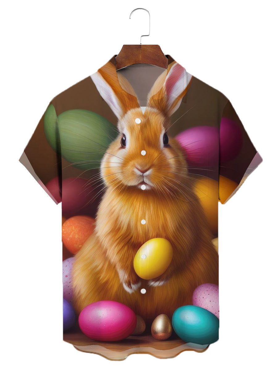 Easter Egg Rabbit Print Short Sleeves Hawaiian Shirt