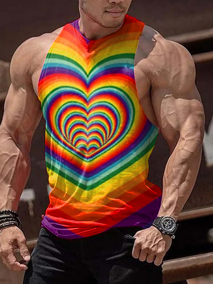 Men's Tank Top Rainbow Heart Print Crew Neck Tank T-Shirt